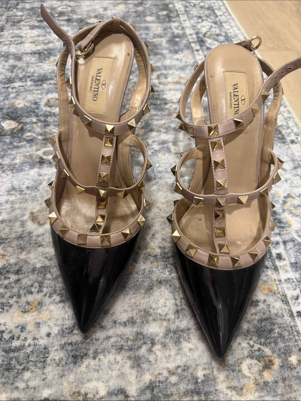 Valentino Rockstud Pointed Slingback Heels in Black and Beige